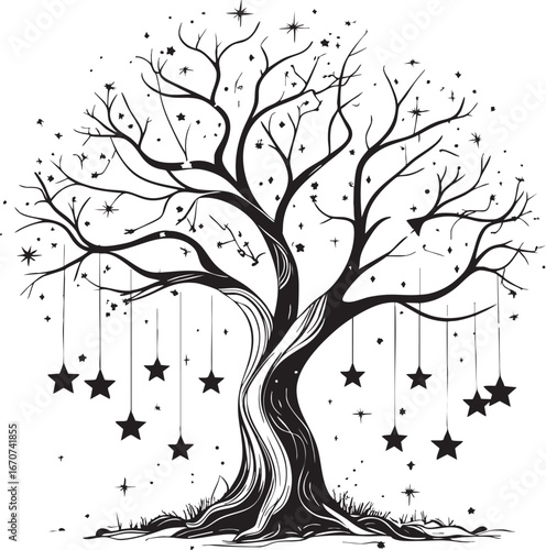 Dream tree outline. Minimalist black and white vector with surreal branches and hanging stars.