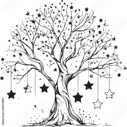 Dream tree outline. Minimalist black and white vector with surreal branches and hanging stars.