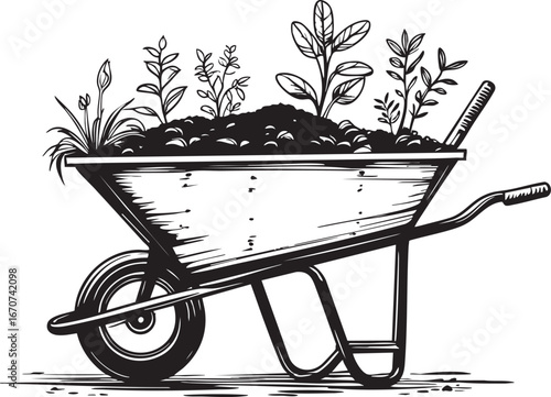 Wheelbarrow with soil and plants outline. Minimalist gardening vector for outdoor and farming concepts.