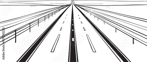 Highway outline. Minimal road sketch with vanishing point perspective in black and white.