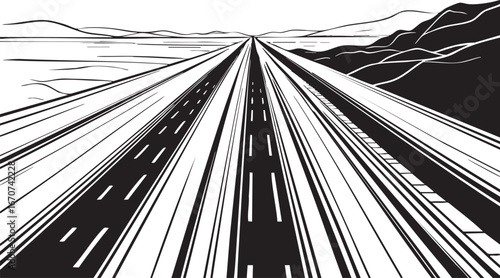 Highway outline. Minimal road sketch with vanishing point perspective in black and white.