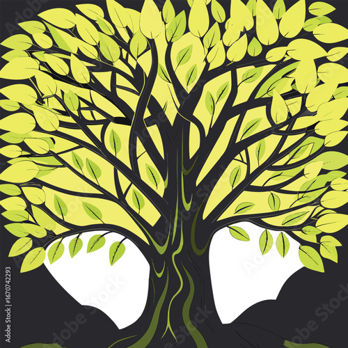 Stylized tree of life with hidden faces in the roots