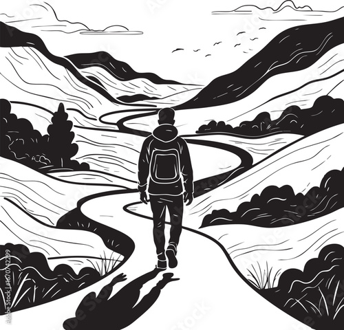 Personal journey outline. Lone figure walking path through symbolic landscape of growth.