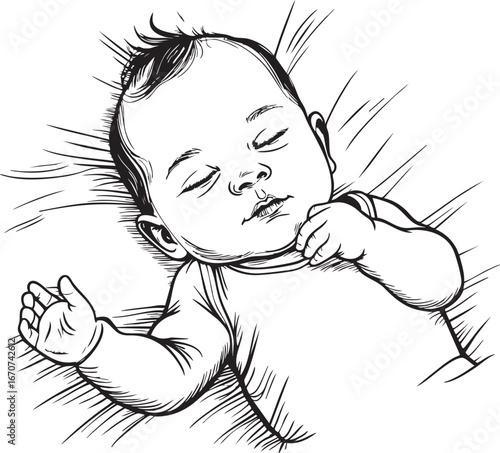 Baby sleeping on back outline vector. Peaceful infant nap line art.