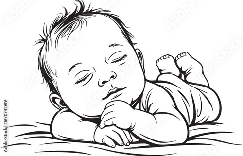 Baby sleeping on back outline vector. Peaceful infant nap line art.