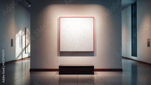 Art Gallery Display: A minimalist square artwork with a red frame is showcased in an art gallery.