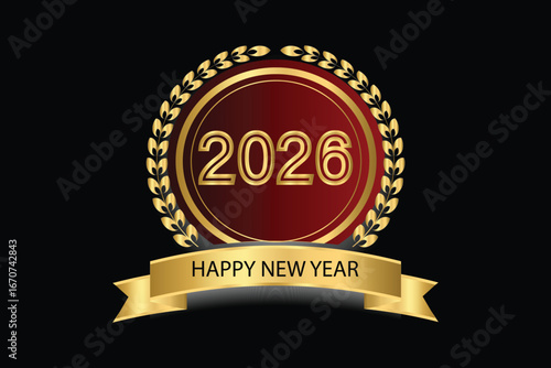 Golden laurel wreath with red circular badge and ribbon reading "Happy New Year 2026", symbolizing celebration, luxury, and festive holiday greetings in elegant style.