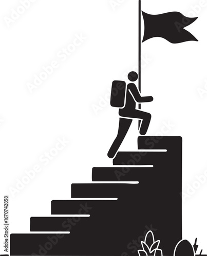Outline figure climbing stairs toward goal flag symbolizing personal progress and achievement
