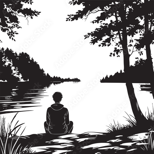 Person reflecting by a lake minimal outline vector for introspection and calmness