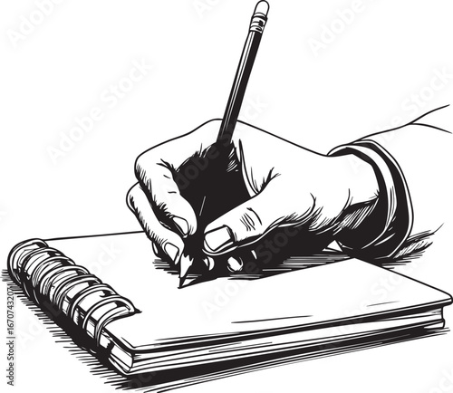 Art practice outline vector. Hand with pencil over sketchbook in linear design.