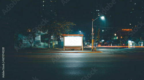 Nighttime Bus Stop Scene: The tranquil solitude of a late-night bus stop scene, illuminated by a street lamp. The photo captures an empty bus stop at night, with a soft glow cast by a street light.