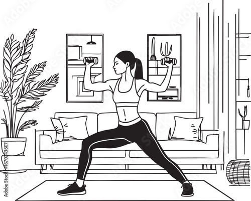 Home workout outline vector with bodyweight exercises in minimalist line art
