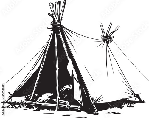 Improvised survival tent outline. Minimal vector shelter for emergency use.