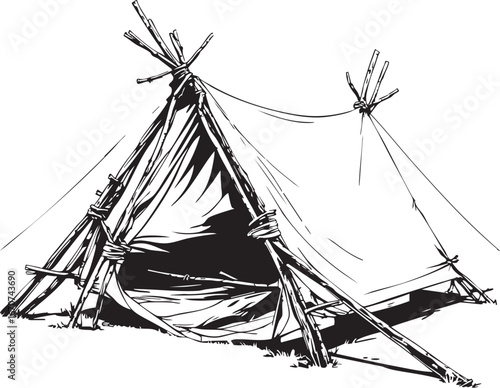 Improvised survival tent outline. Minimal vector shelter for emergency use.