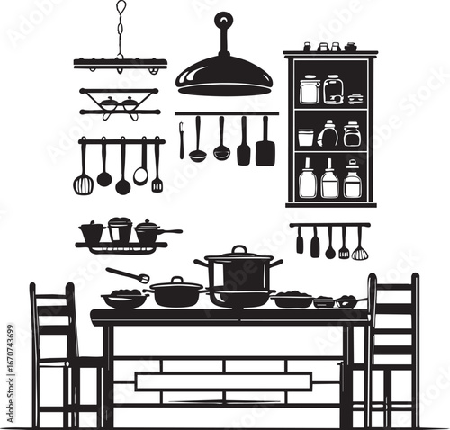 Cooking preparation outline vector. Ingredients on table in simple linear design.