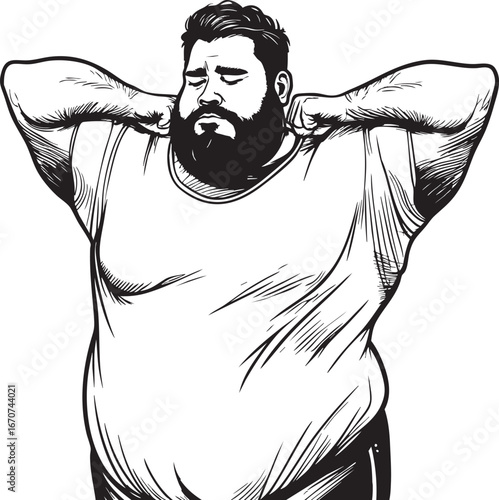 Morning stretch of plus size man outline wellness vector for healthy habits