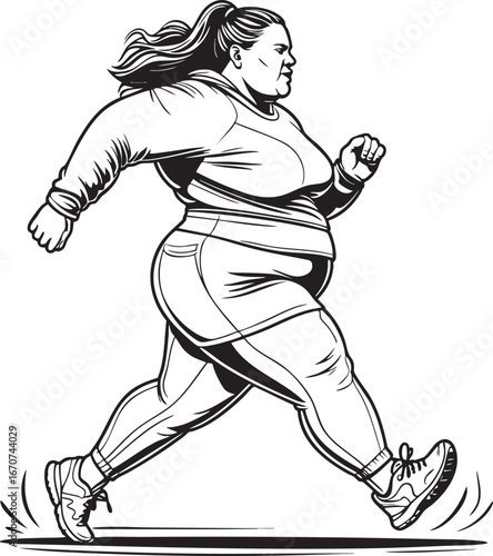 Plus size person running. Outline vector of outdoor fitness and healthy lifestyle