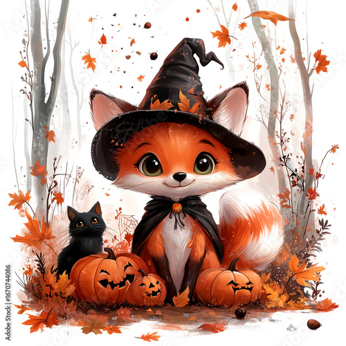 cute fox with witch hat and black cat on its side in a halloween fall decor