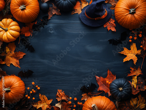halloween background with pumpkins and fall leaves with empty middle for text 