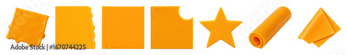 Obraz  z motywem Processed cheese slices set including melted, torn, whole, bitten, star-shaped, rolled, and folded variations isolated. Food ingredient and snack collection.
