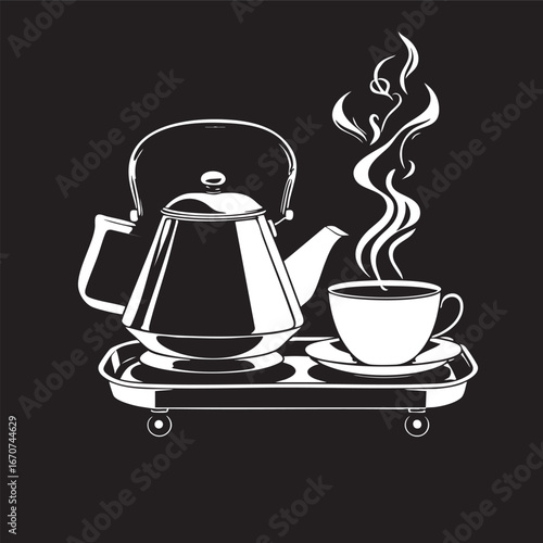 Traditional tea service outline vector. Kettle and cup line illustration with steam.