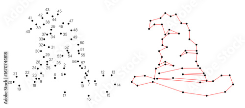 Connect the dots educational drawing game. Dot to dot by numbers puzzle. Google Font Fira Sans Condensed. An old magic hat.