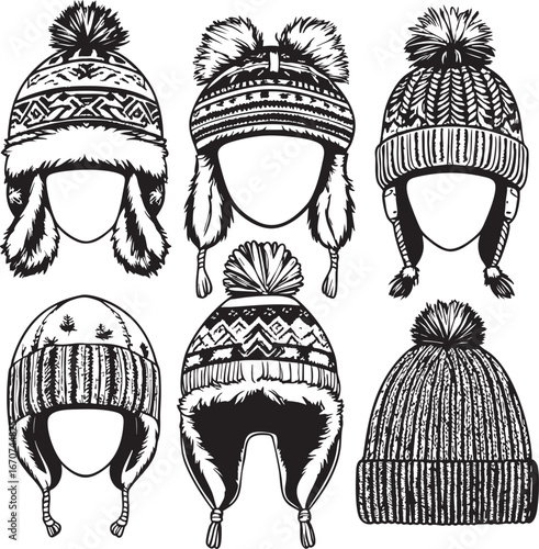 Winter headwear outline set. Vector collection of warm hats for cold weather.