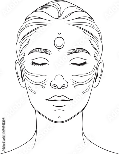 Facial Massage Treatment Relaxation Therapy Outline - Beauty Pressure Point Vector Illustration
