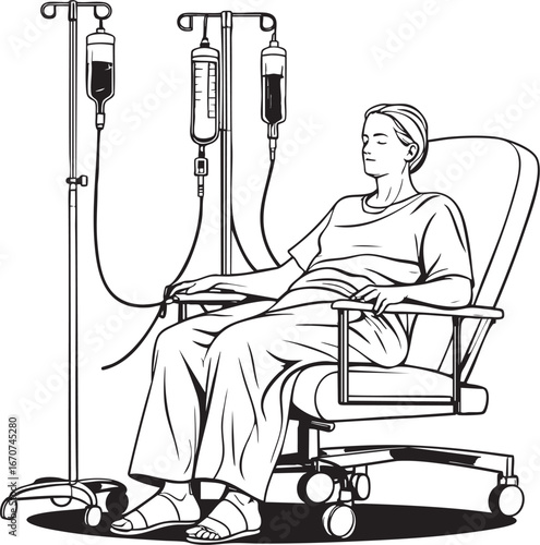 Patient receiving chemotherapy outline vector. Cancer treatment line illustration for oncology healthcare materials.