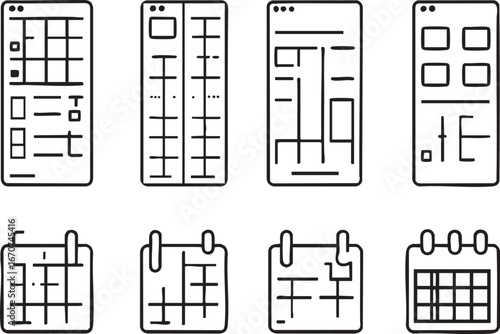 User interface view modes outline icon set. Vector illustrations of different data visualization options in minimalist black line style.