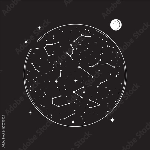Vast Night Sky Outline Vector. Minimalist Constellation Pattern With Moon Crescent And Stars.
