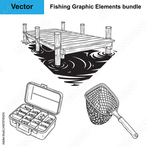 Boat Dock Pier Tackle Box Net Scoop Silhouette Fishing Vector Bundle