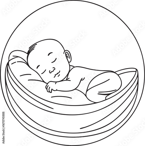 Sleeping baby outline vector. Minimal line art of infant in cradle pose.