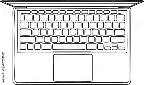 Laptop Top View Outline Vector. Minimalist Computer Keyboard And Touchpad Technical Illustration.