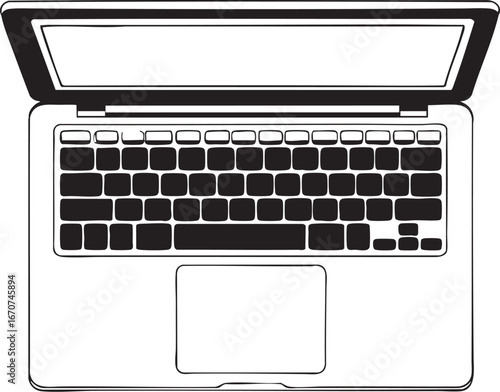 Laptop Top View Outline Vector. Minimalist Computer Keyboard And Touchpad Technical Illustration.