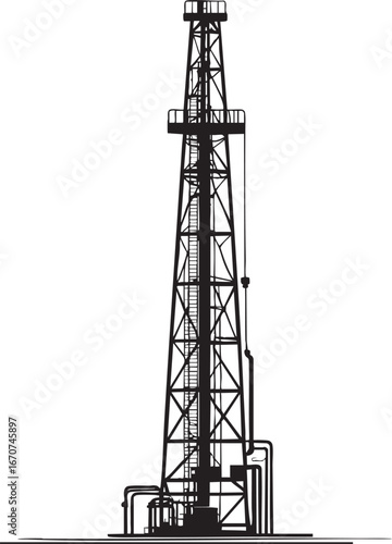 Oil derrick outline vector. Tall drilling tower in side sketch for petroleum industry