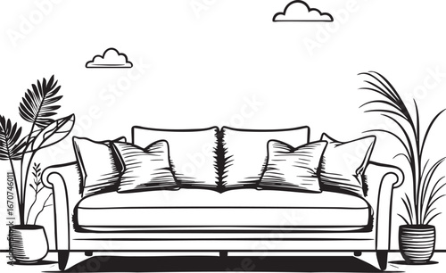 Minimal black line drawing of sofa with pillows on white background
