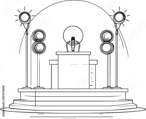 Stage with mic and spotlight in outline style. Event and public speaking vector icon