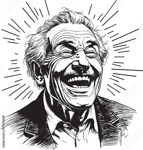 Laughter lines engraving. Exaggerated joy in stylized etching.