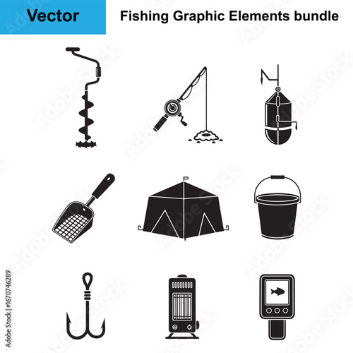Ice Fishing Equipment and Winter Angling Icon Set