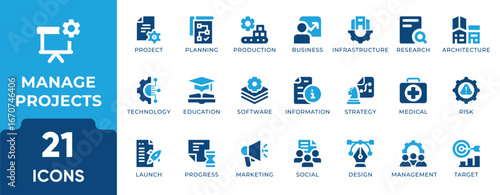 Project Management Icon Set. Features icons of planning, task management, scheduling, teamwork, progress tracking, and reporting. Perfect for business, corporate, and productivity use.
