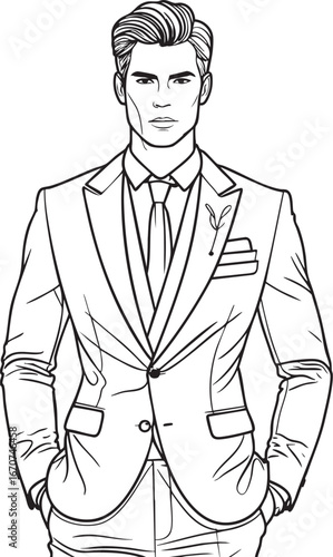 Fashionable man outline vector. Minimal drawing of a handsome figure in stylish suit.