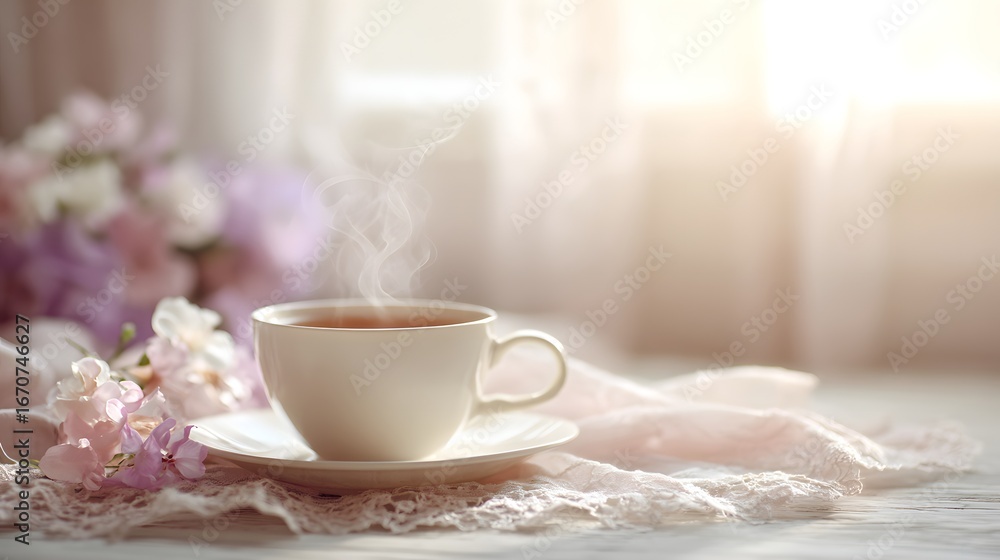 Fototapeta premium A delicate teacup filled with steaming beverage sits amidst pastel flowers and soft fabrics, bathed in gentle sunlight.