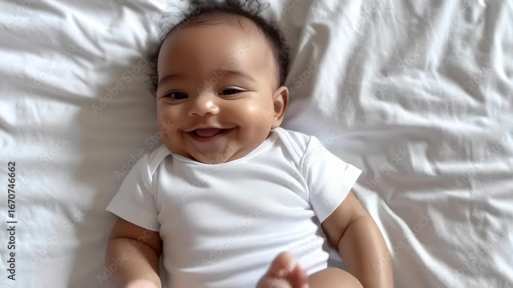 A smiling baby is laying on a bed. The baby is wearing a white shirt and is smiling A smiling baby is laying on a bed. The baby is wearing a white shirt and is smiling