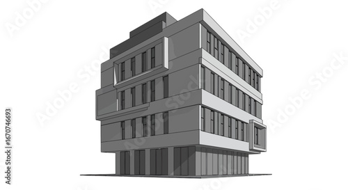 Modern architecture building design exterior facade gray scale structure urban city contemporary style on transparent background