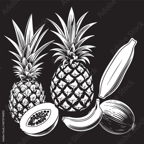 Tropical fruits outline vector. Pineapple mango banana and coconut in simple line art style.
