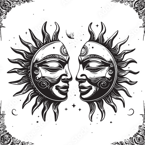 Sun and moon masks engraving. Celestial symbolic etching with duality and tribal motifs.