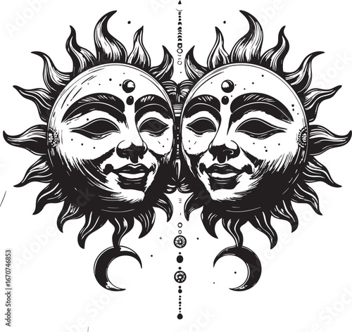 Sun and moon masks engraving. Celestial symbolic etching with duality and tribal motifs.
