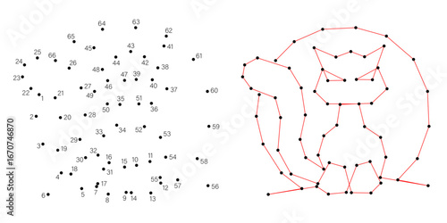 Connect the dots educational drawing game. Dot to dot by numbers puzzle. Google Font Fira Sans Condensed. Cat against background of the moon at night.