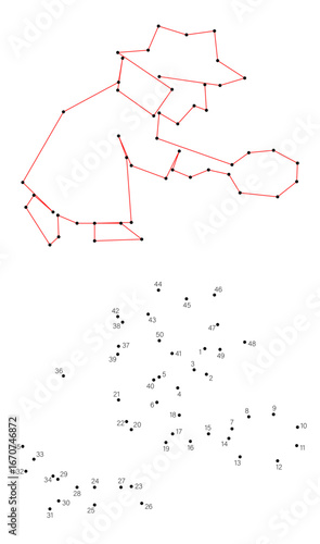 Connect the dots educational drawing game. Dot to dot by numbers puzzle. Google Font Fira Sans Condensed. Private detective is following the trail. Magnifying glass in hand.